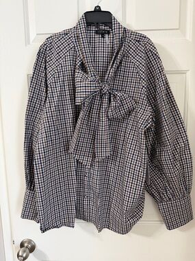 NWT 1. State Navy & Brown Plaid Bow-Tie Button-Down Balloon Long Sleeve Shirt